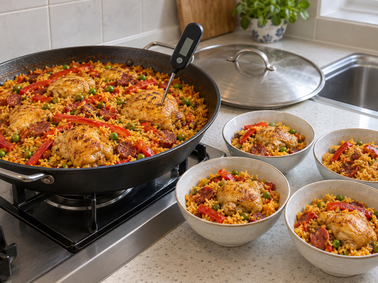 Arroz Valenciana — Tiyaking 75°C ang manok at luto ang bigas; ihain. Panatilihing 75°C o higit pa ang gitna ng pagkain nang 30 segundo.