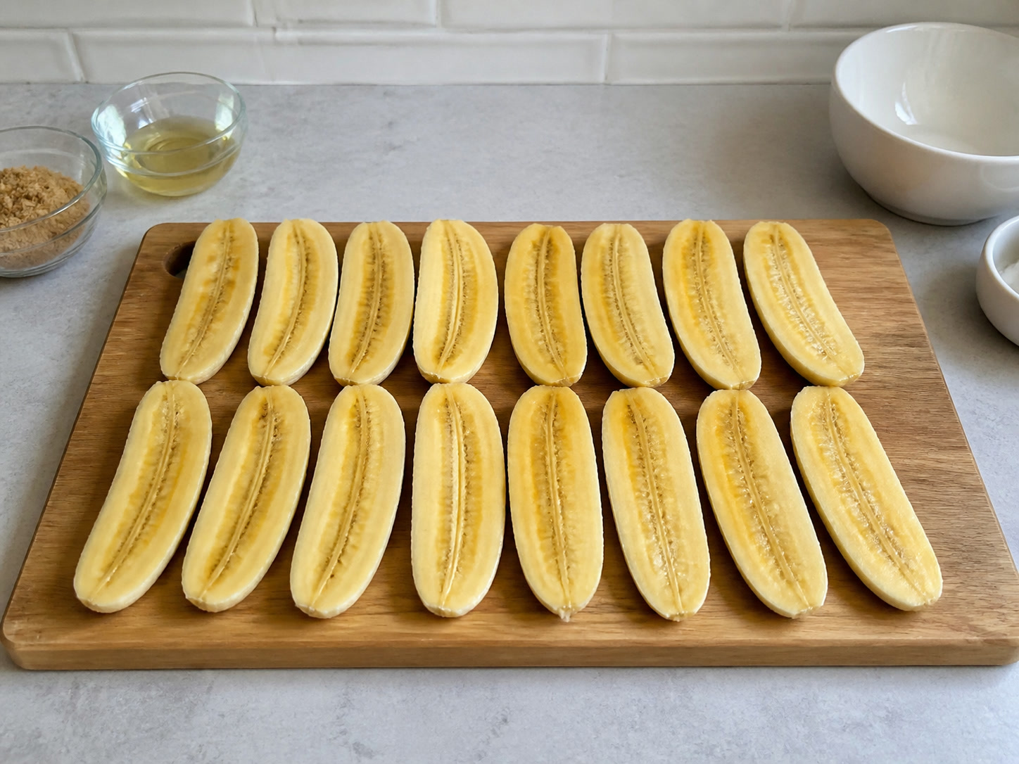 Filipino Caramelised Banana Turon: Split the bananas