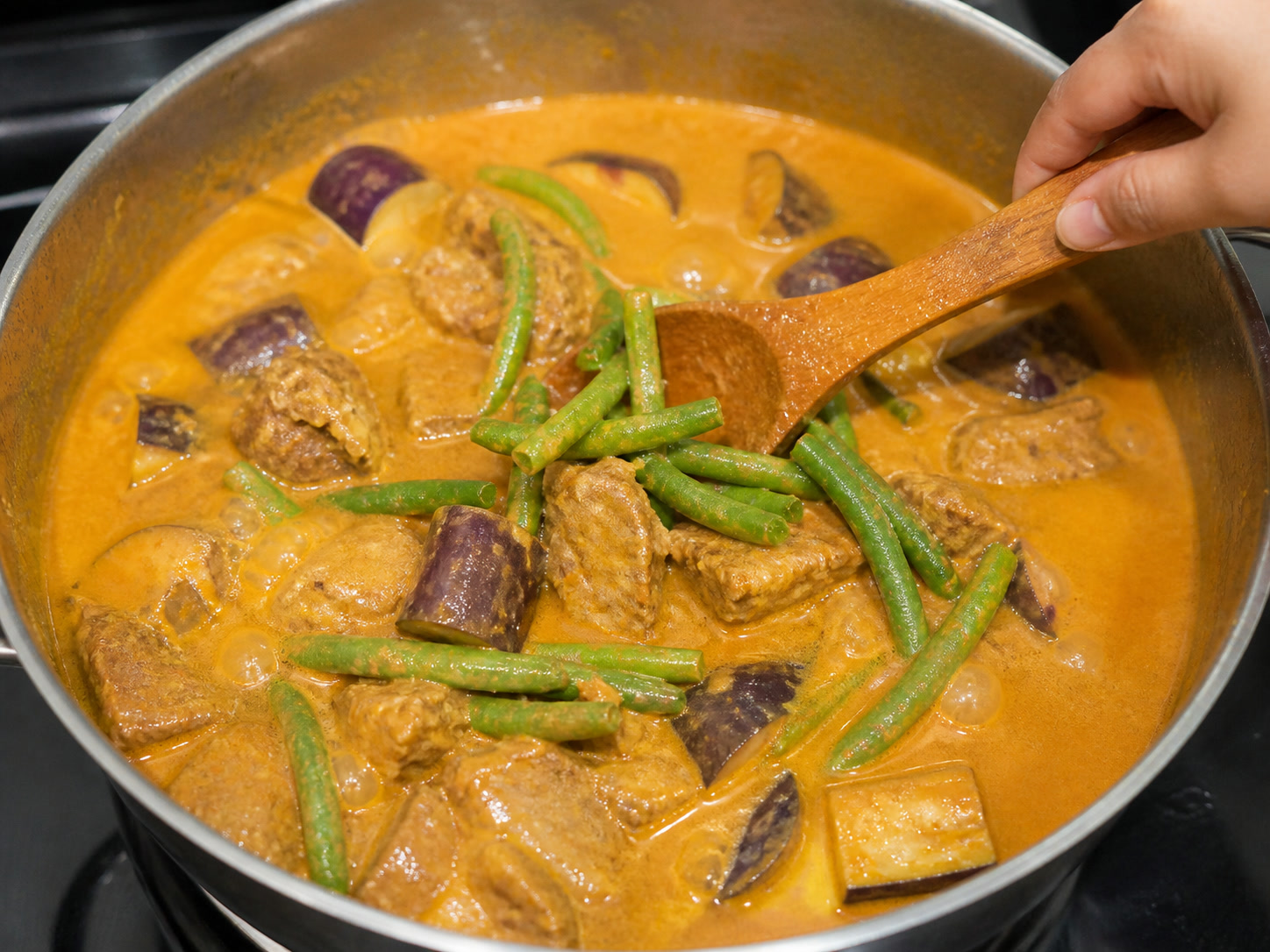 Filipino Beef Kare-Kare: Add the long beans