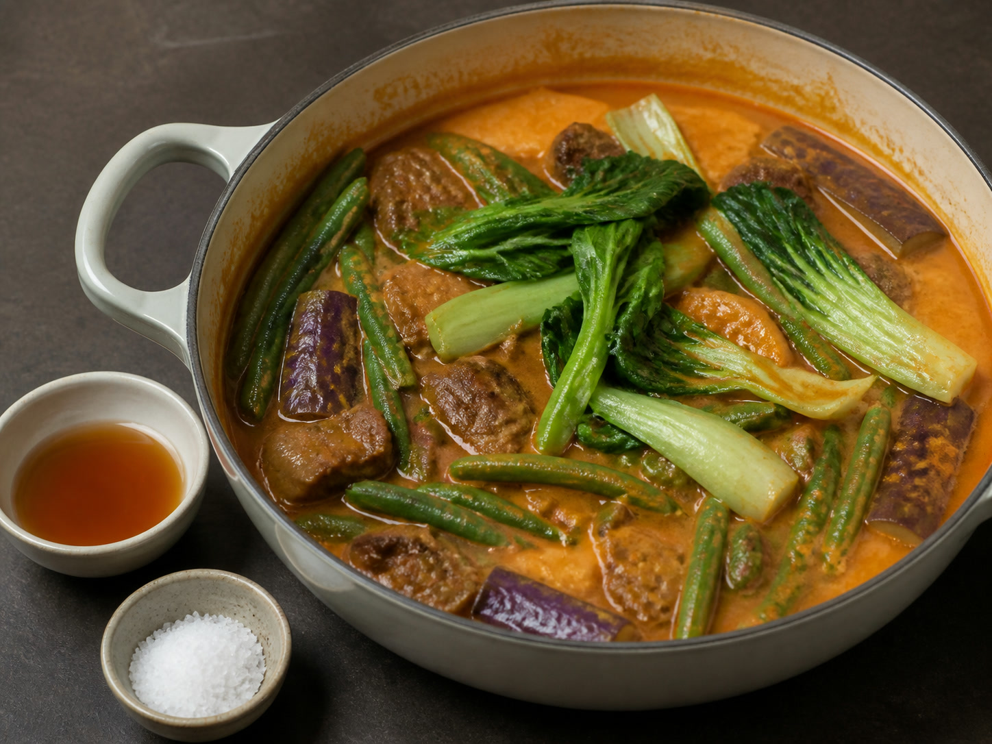Filipino Beef Kare-Kare: Add greens and season