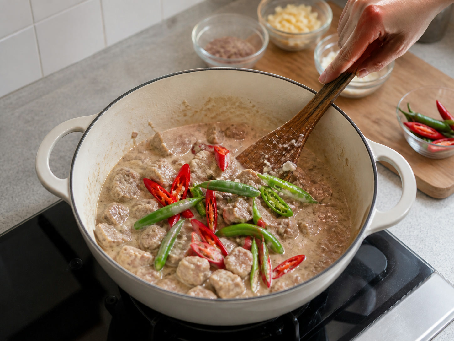 Babi Bicol Express dengan Santan: Masukkan cabai