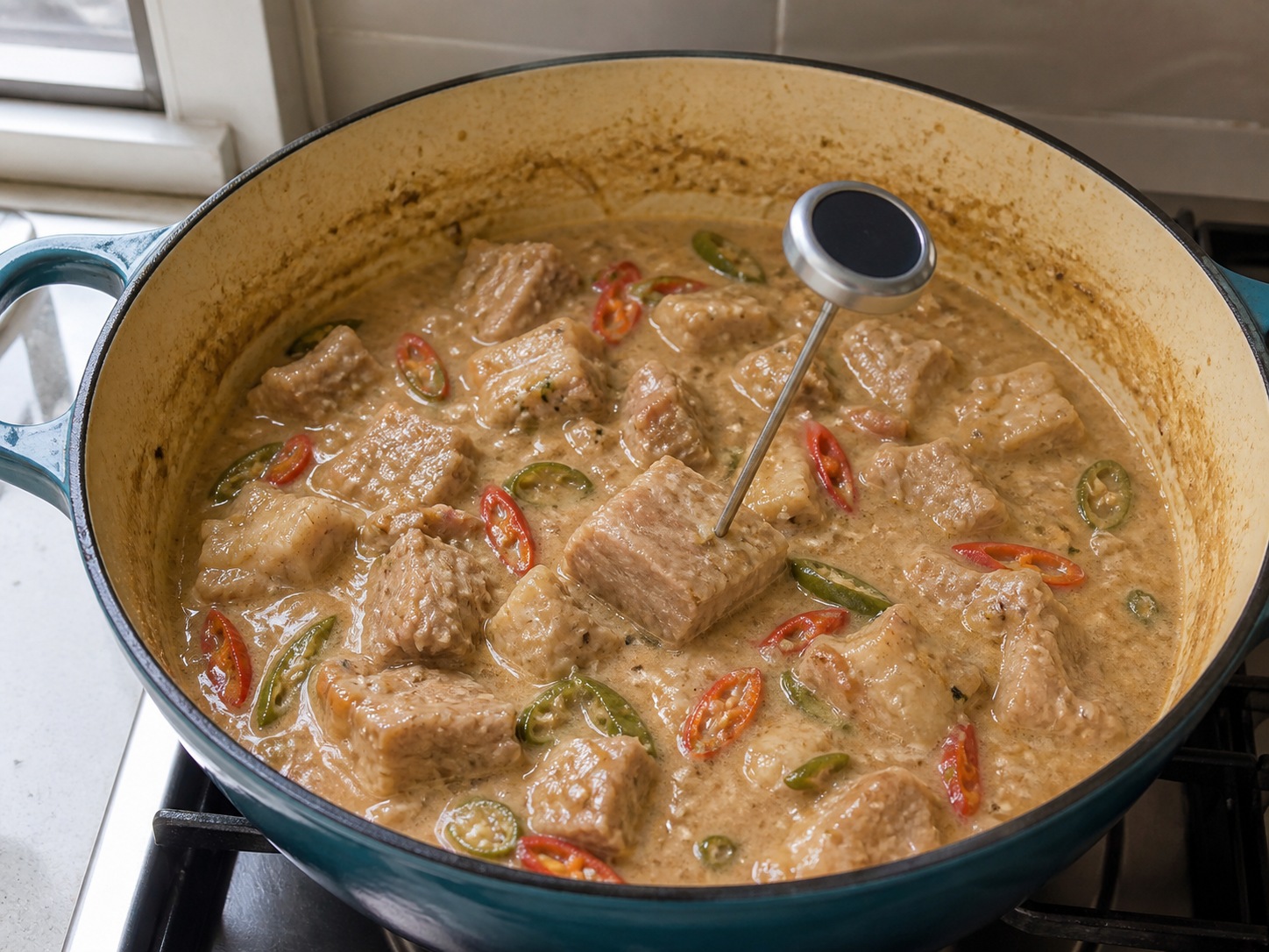 Babi Bicol Express dengan Santan: Periksa kematangan babi