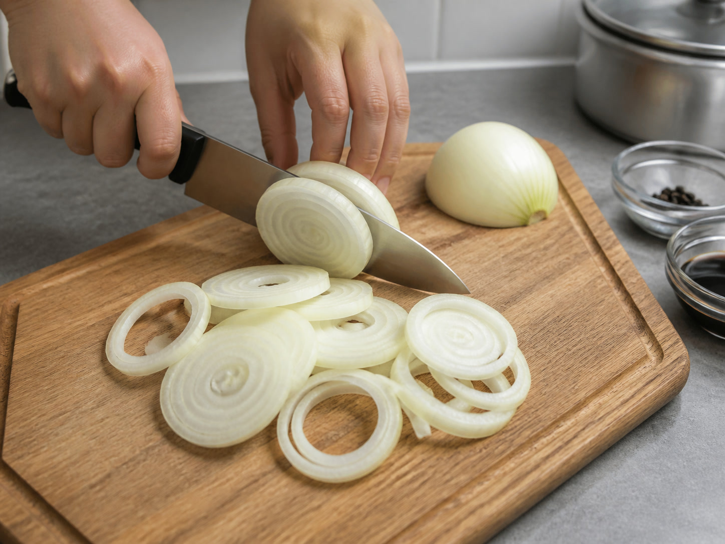Bistek Tagalog Daging Sapi: Iris bawang bombai
