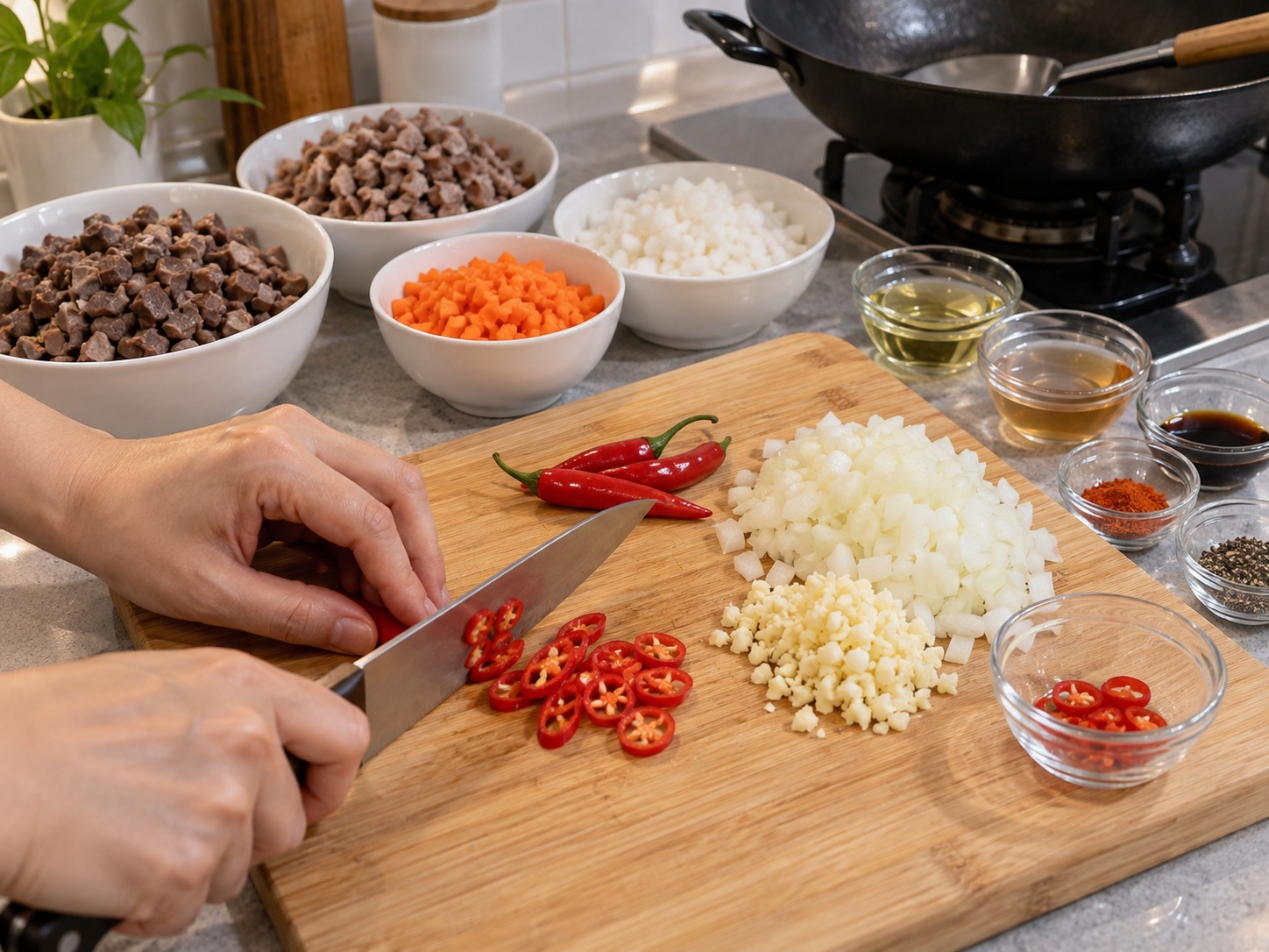 Bopis — Tadtarin ang sibuyas at bawang, hiwain nang manipis ang sili, at magtabi ng ilang piraso para sa palamuti