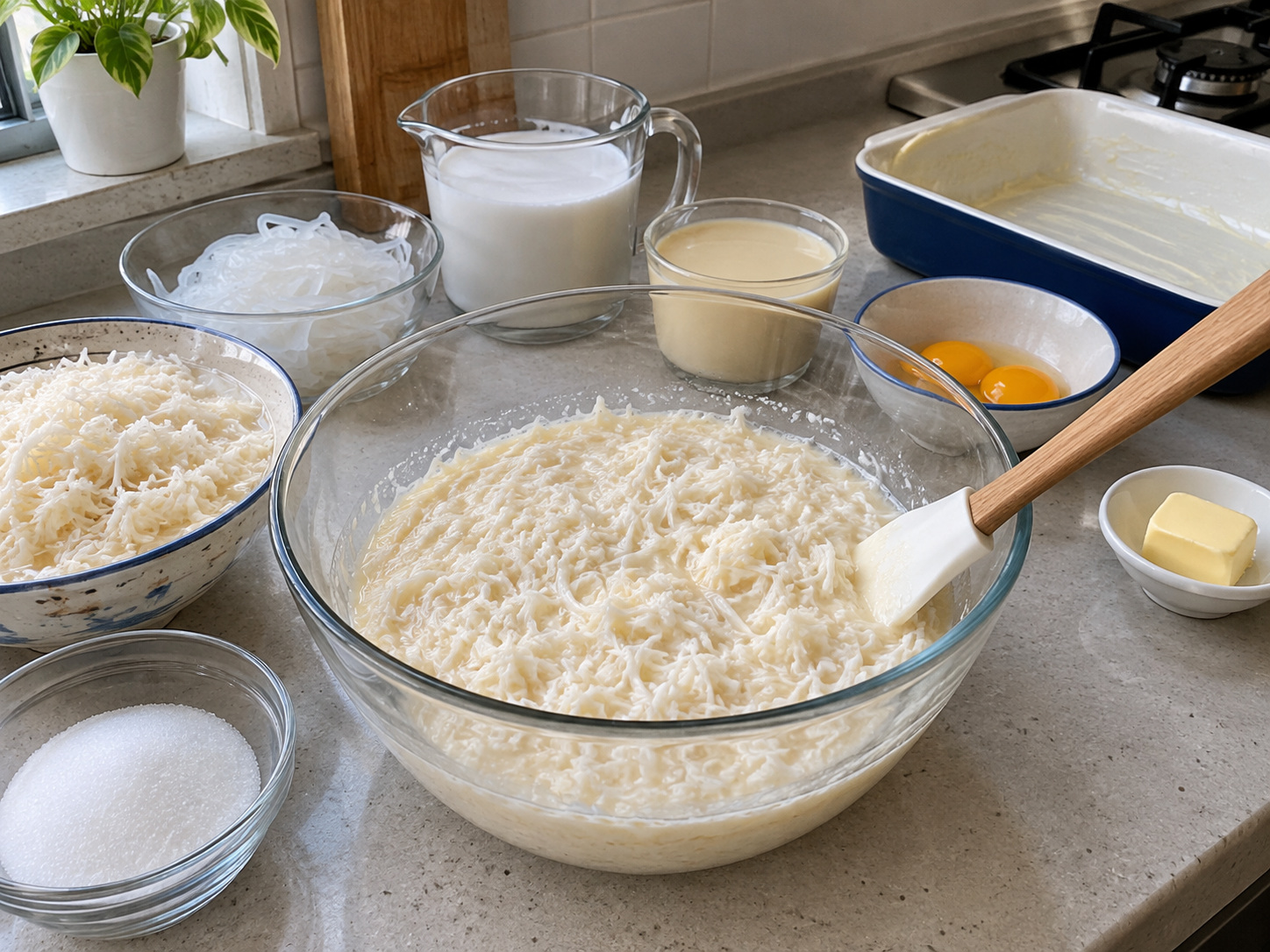 菲律賓木薯椰奶糕 Cassava Cake — 大碗拌勻木薯、椰奶、200克煉奶、椰果絲與砂糖
