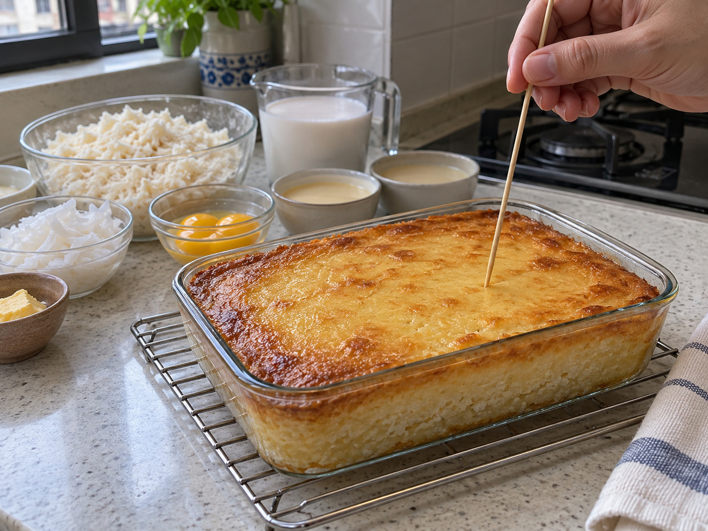 菲律賓木薯椰奶糕 Cassava Cake — 插竹籤確認蛋奶層無流動液體