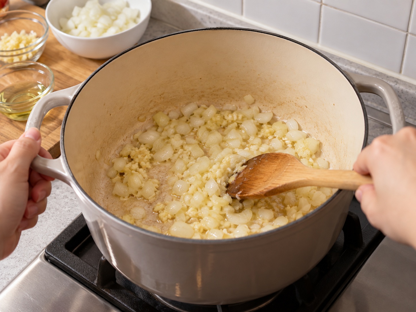 Filipino Chicken Pastel — Cook onion and garlic