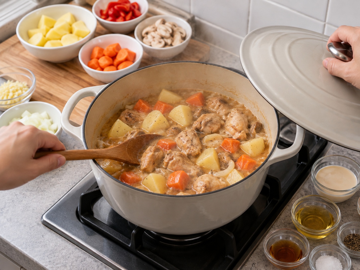 Filipino Chicken Pastel — Braise firm vegetables