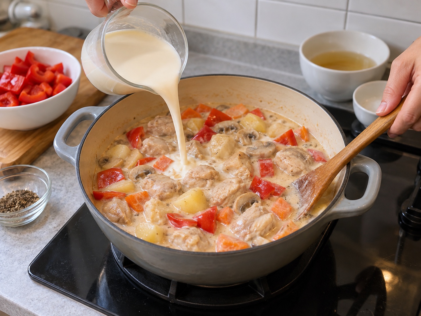 Filipino Chicken Pastel — Add milk and pepper