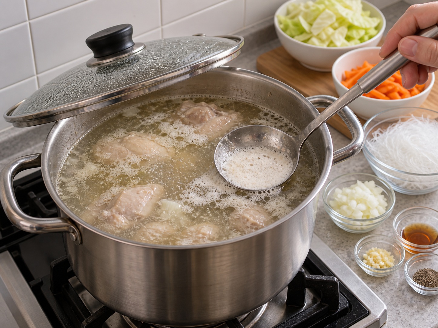 Filipino Chicken Sotanghon Soup — Alisin ang bula at pakuluan