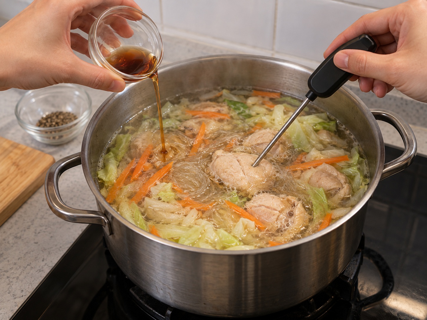 Filipino Chicken Sotanghon Soup — Timplahan at suriin ang manok