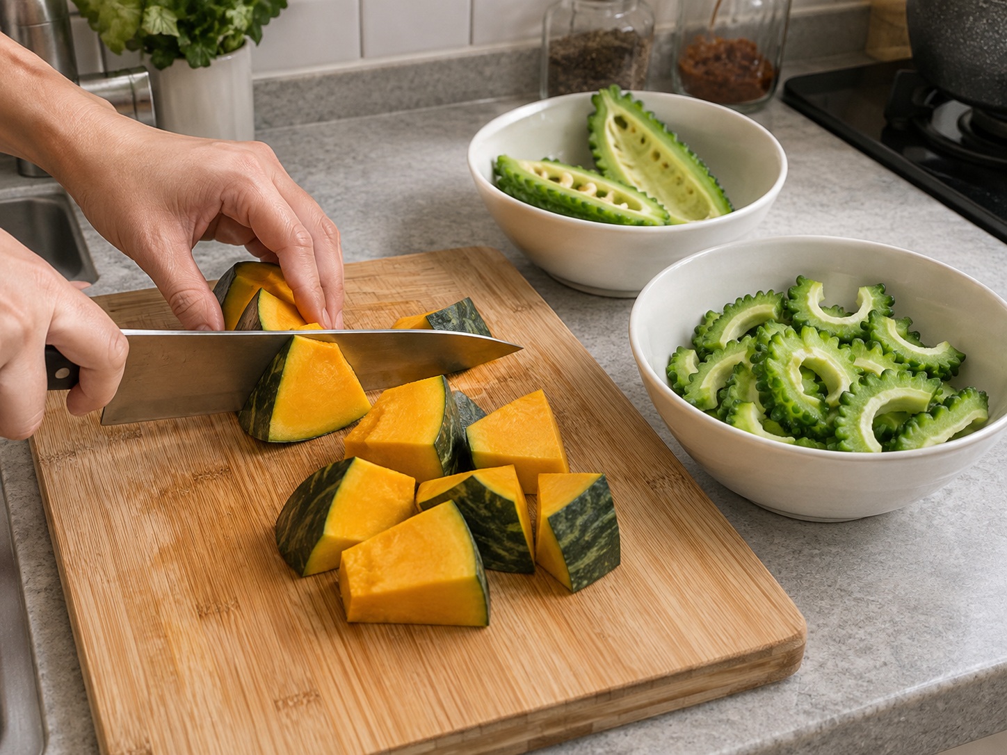 Filipino Dinengdeng Vegetable Soup — Cut squash and bitter melon