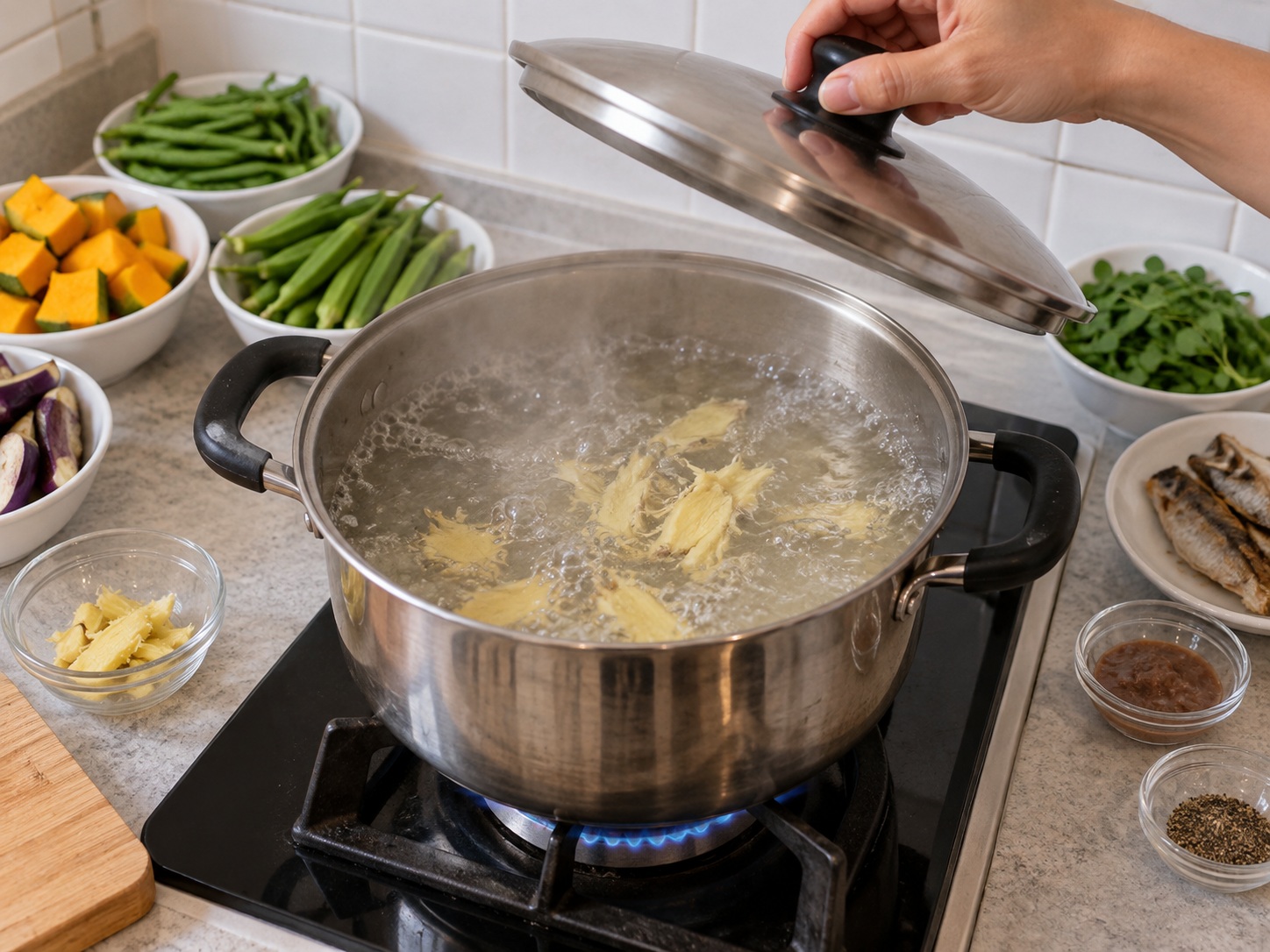 Filipino Dinengdeng Vegetable Soup — Boil ginger broth