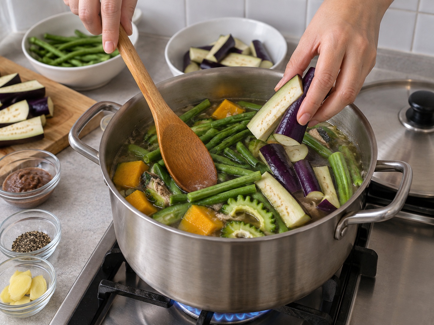 Filipino Dinengdeng Vegetable Soup — Add beans and eggplant