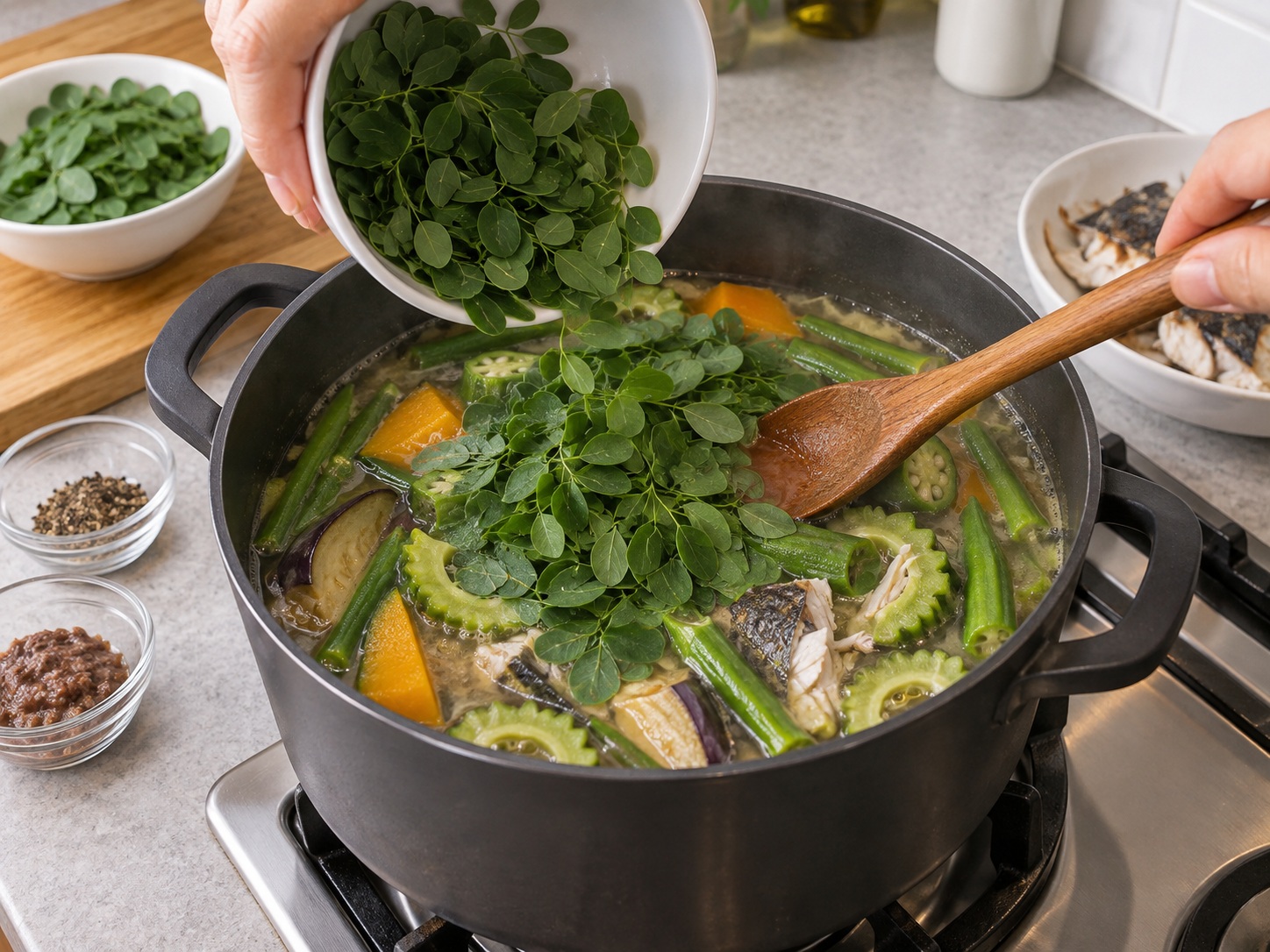 Filipino Dinengdeng Vegetable Soup — Add moringa leaves