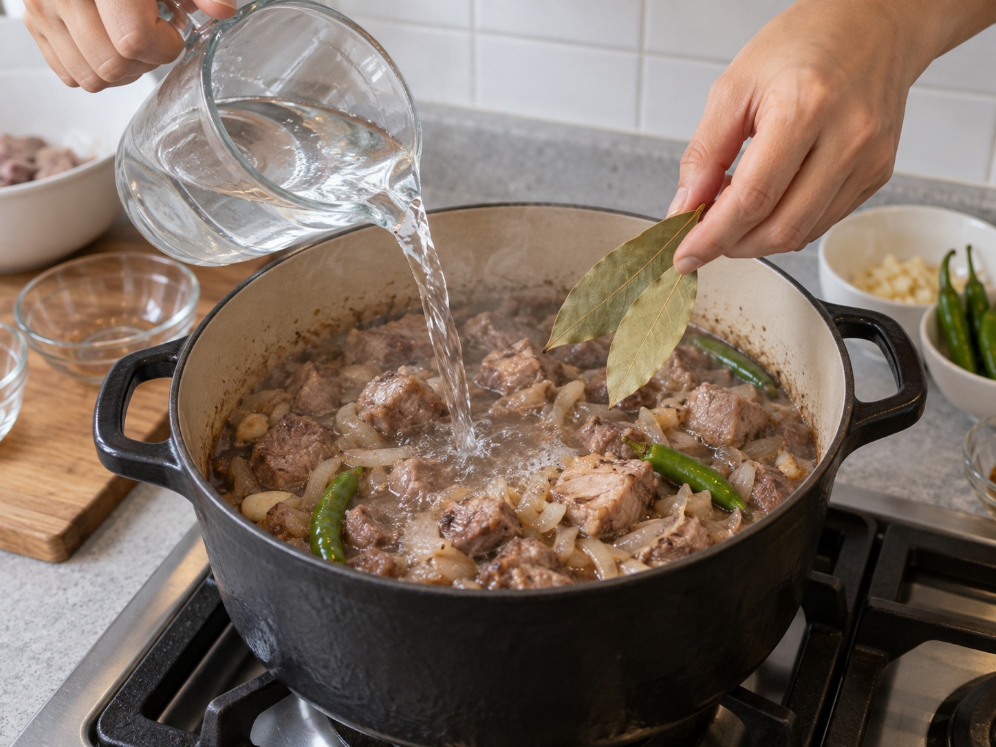 Dinuguan — Idagdag ang tubig at dahon ng laurel at pakuluan