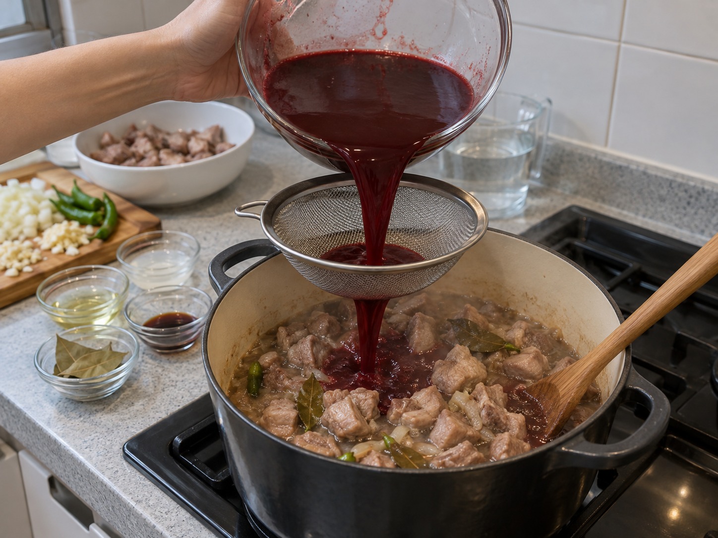 Dinuguan — Salain ang dugo at dahan-dahang ibuhos sa kaldero