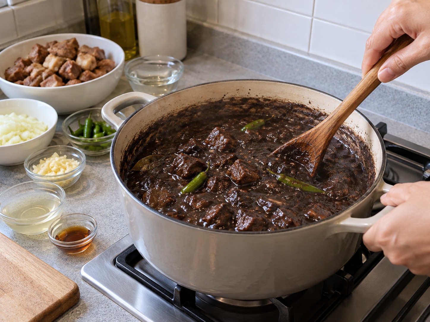 Dinuguan — Tuloy-tuloy na haluin sa mahinang apoy hanggang pantay na malapot