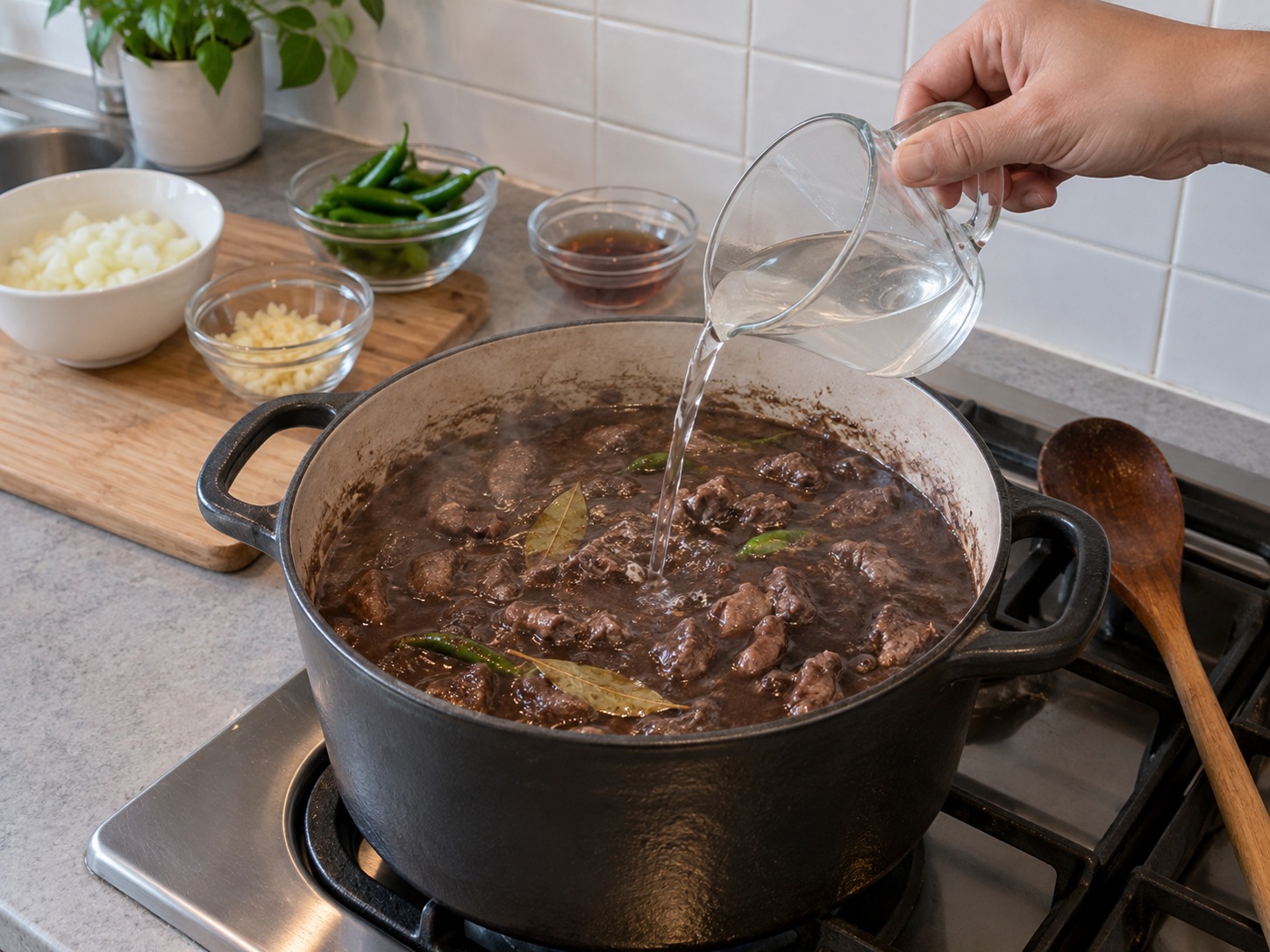 Dinuguan — Idagdag ang suka at huwag haluin nang dalawang minuto