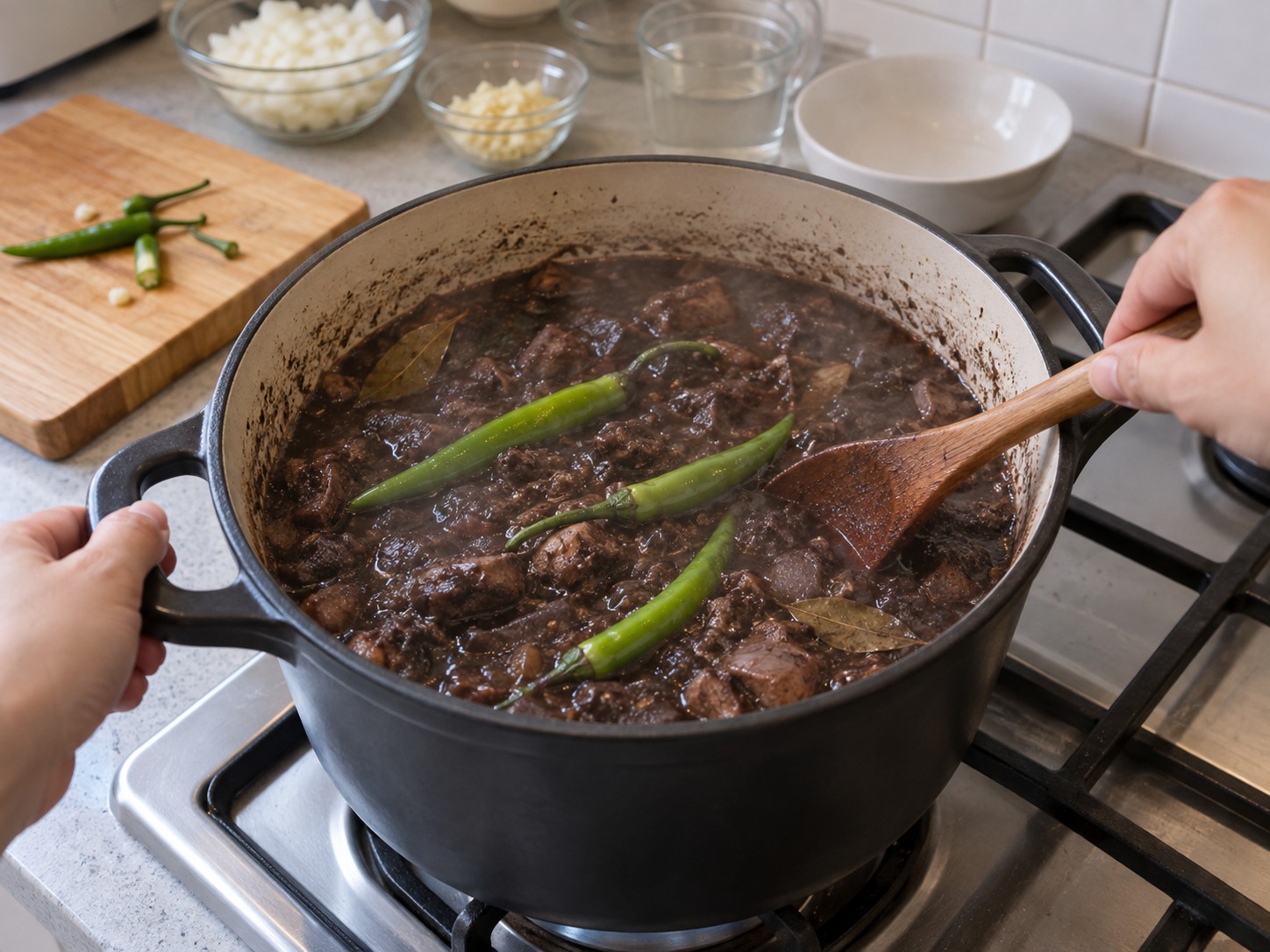 Dinuguan — Idagdag ang sili at pakuluan pa nang walong minuto hanggang lutong-luto