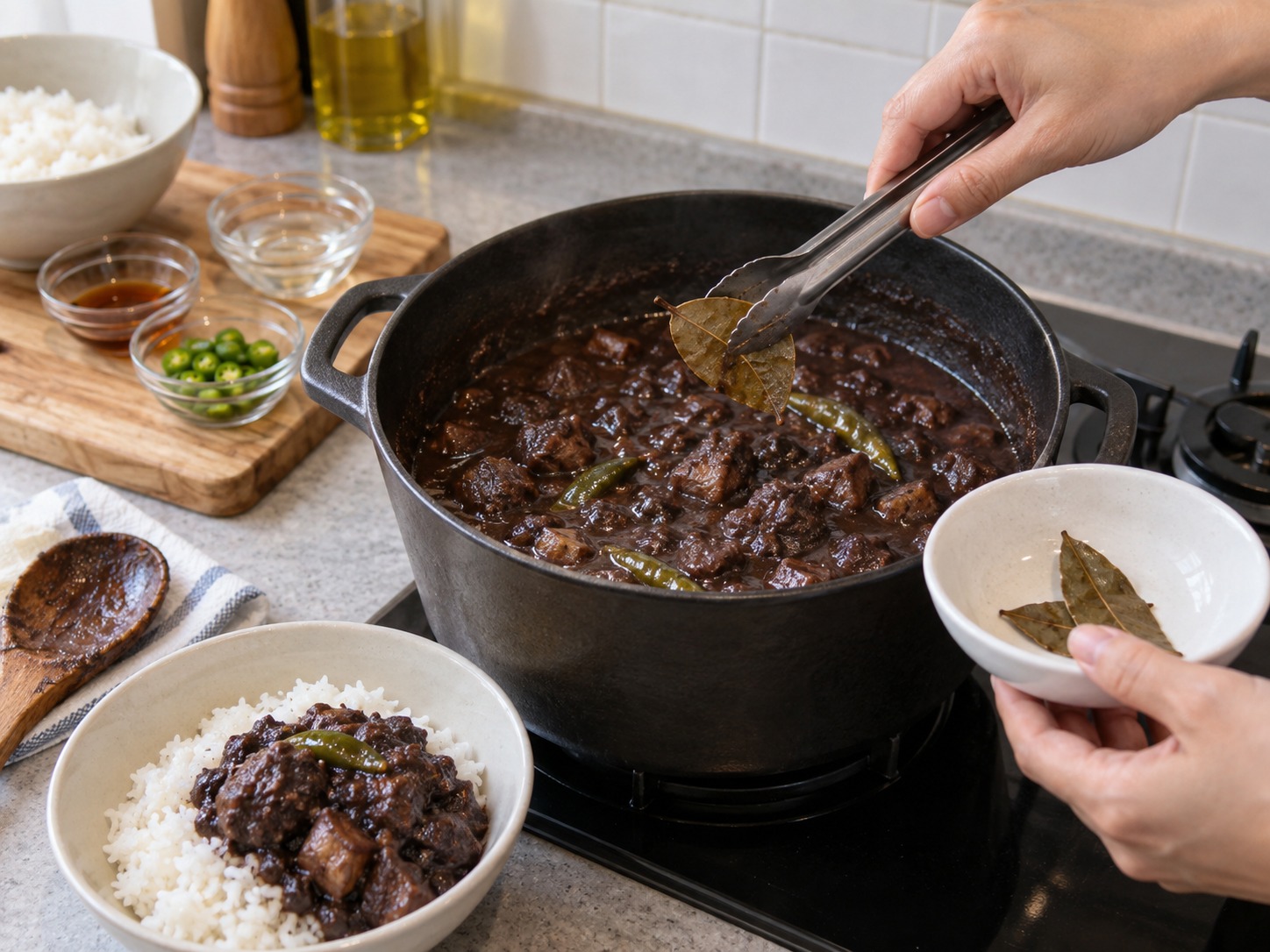 Dinuguan — Alisin ang dahon ng laurel, tikman, at ihain sa kanin