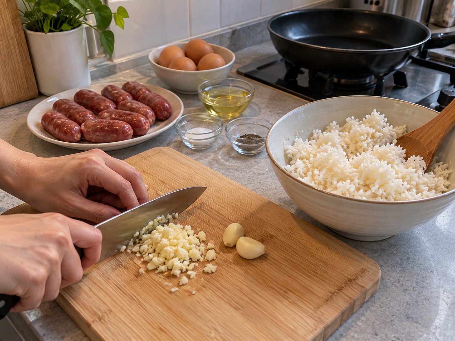 菲律賓蒜香甜腸飯 — 蒜頭切碎,冷飯弄散