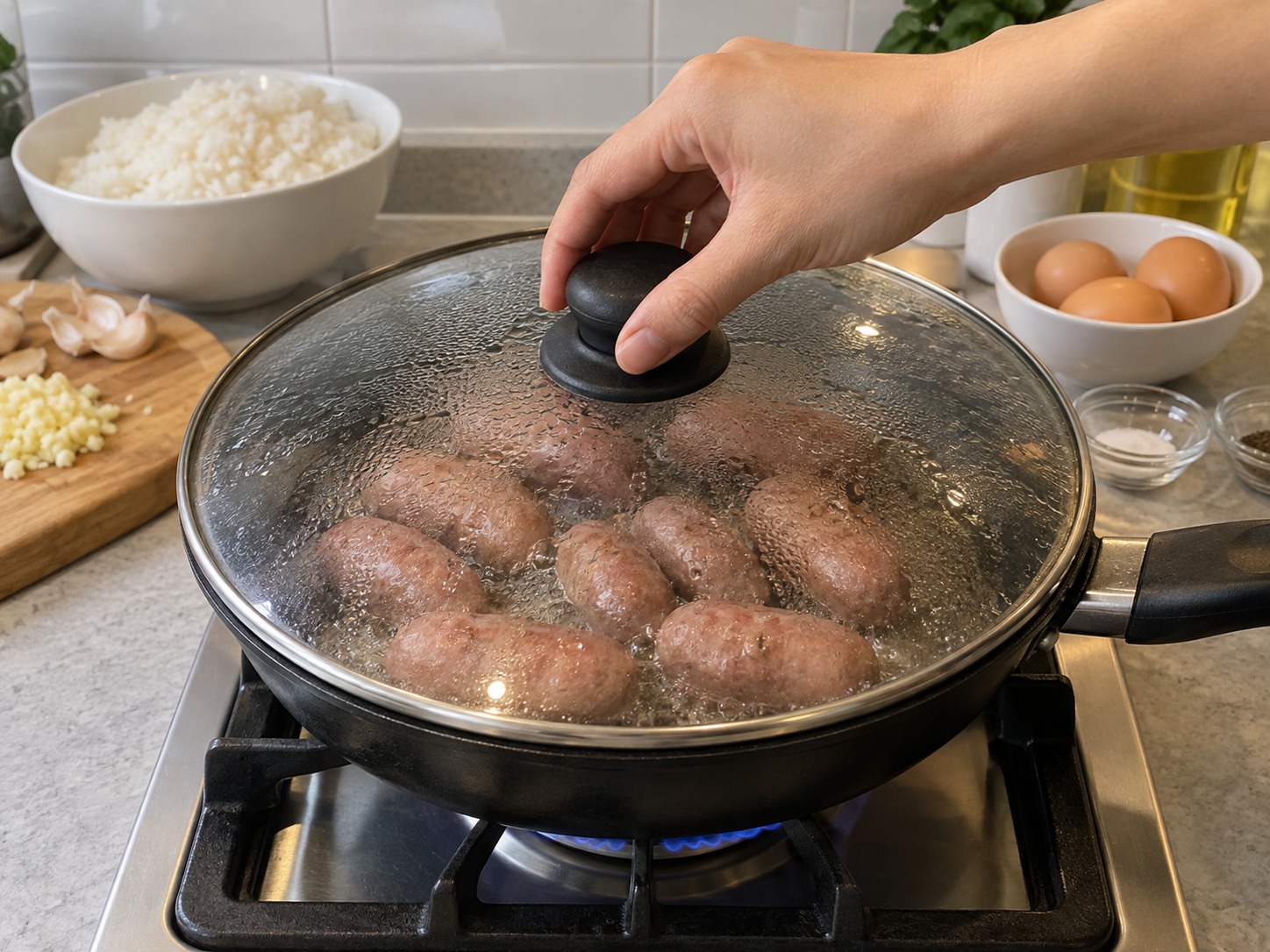 菲律賓蒜香甜腸飯 — 加蓋中火煮至水乾