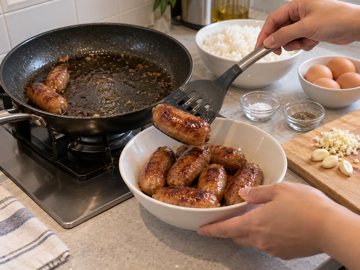 菲律賓蒜香甜腸飯 — 取出香腸保溫