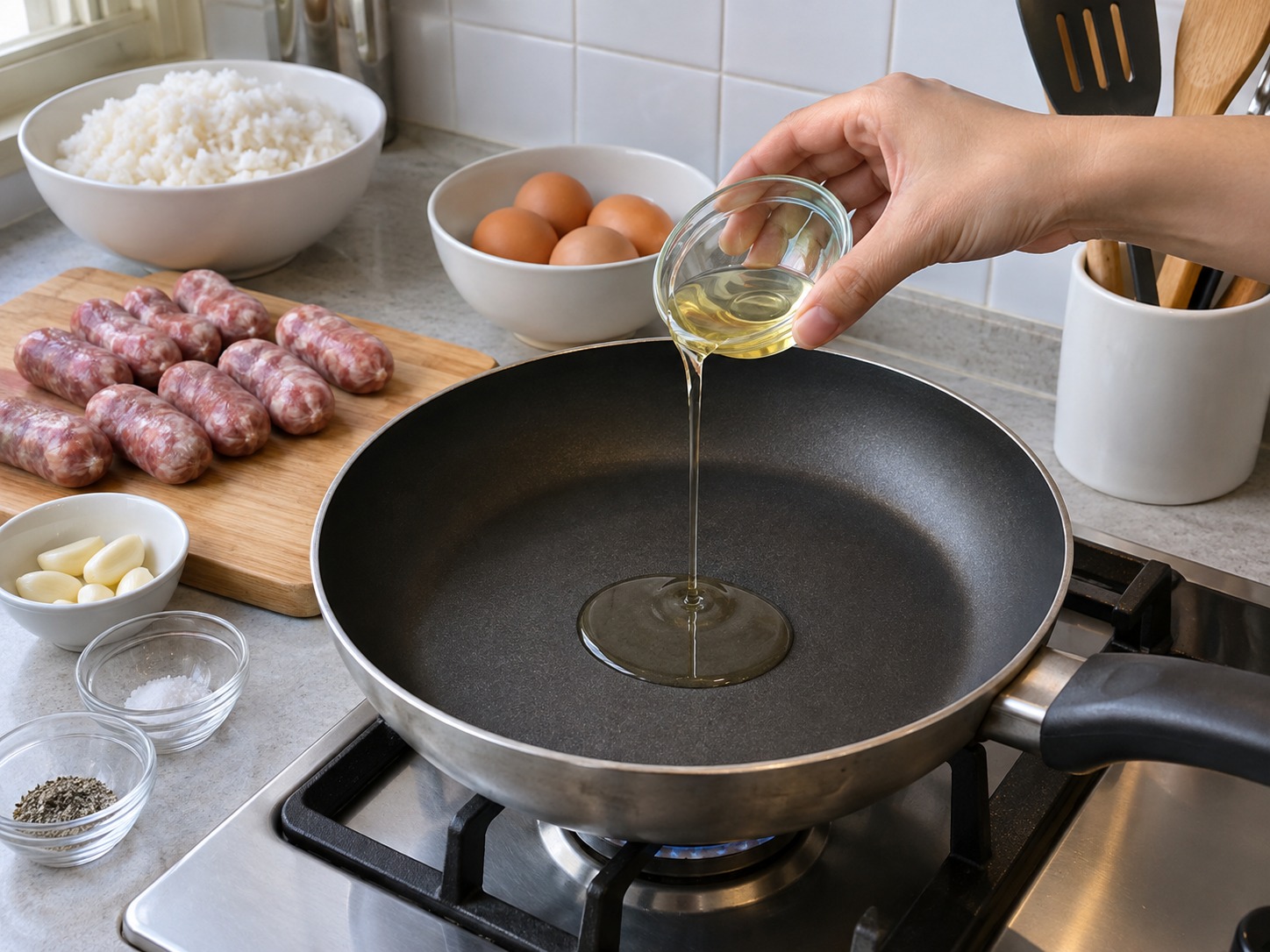 菲律賓蒜香甜腸飯 — 原鑊加入一湯匙油