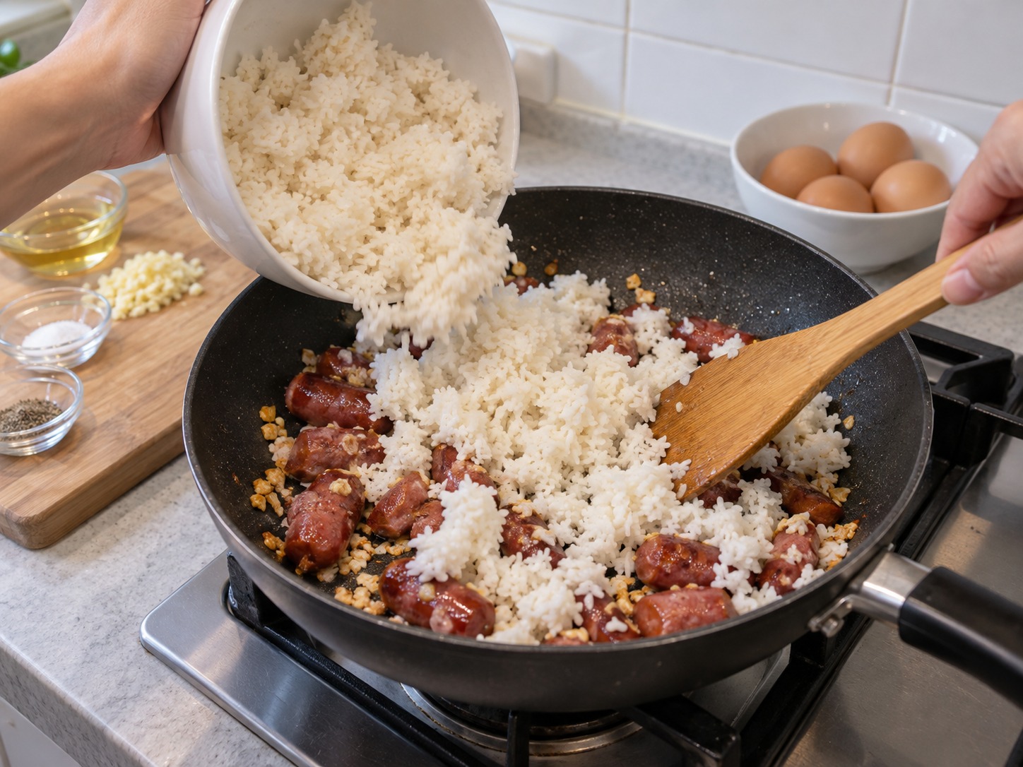 菲律賓蒜香甜腸飯 — 加入冷飯,以鑊鏟壓散