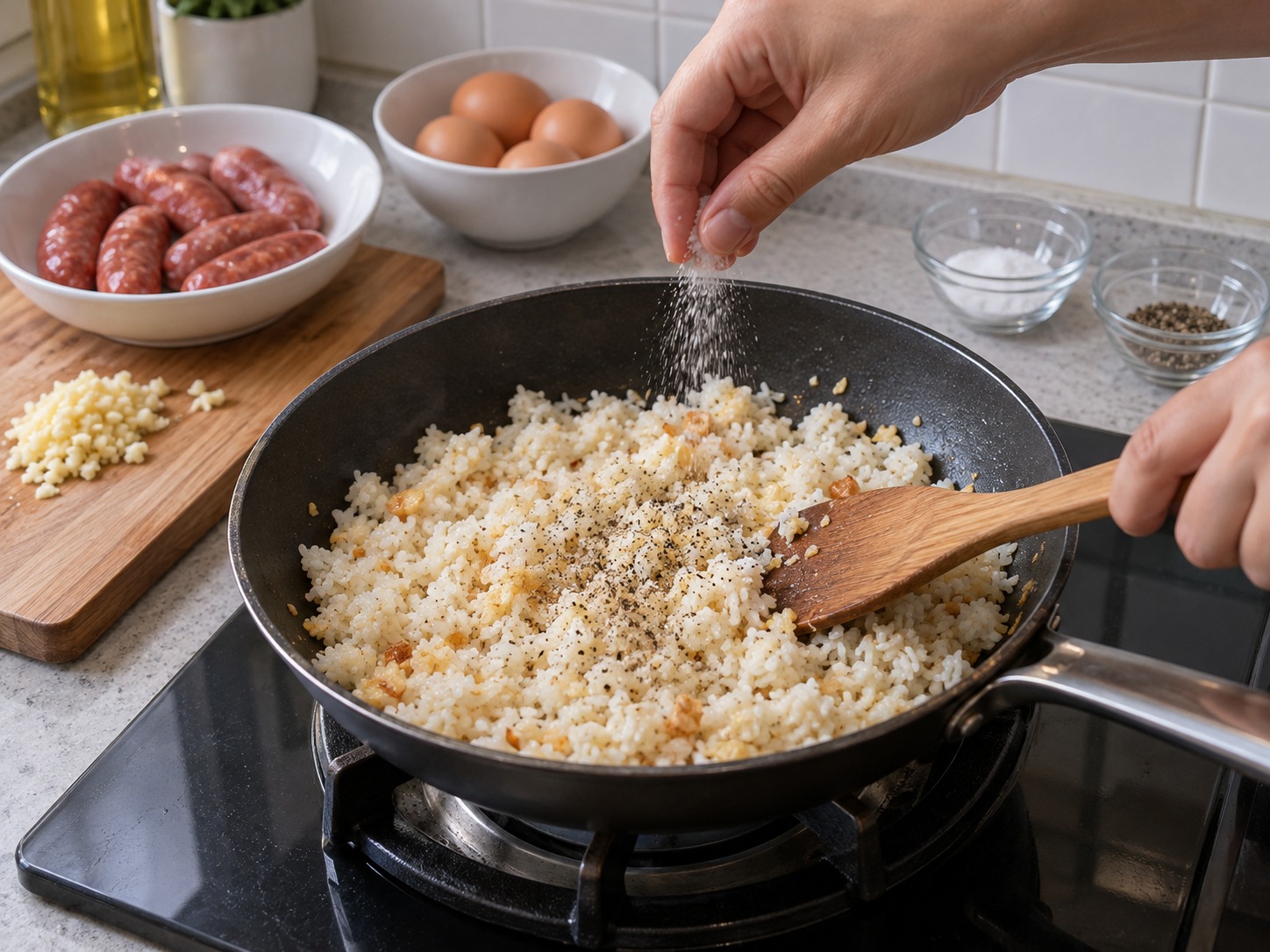 菲律賓蒜香甜腸飯 — 以鹽和黑胡椒調味炒香