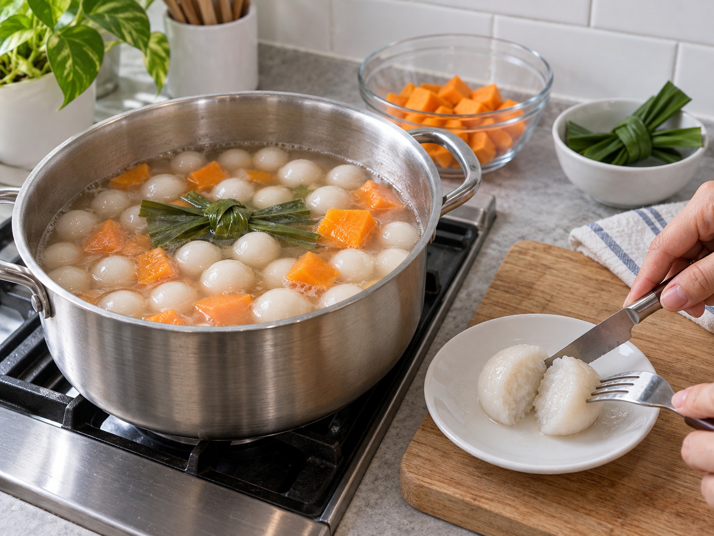Filipino Ginataang Bilo-Bilo — Check the centres are cooked