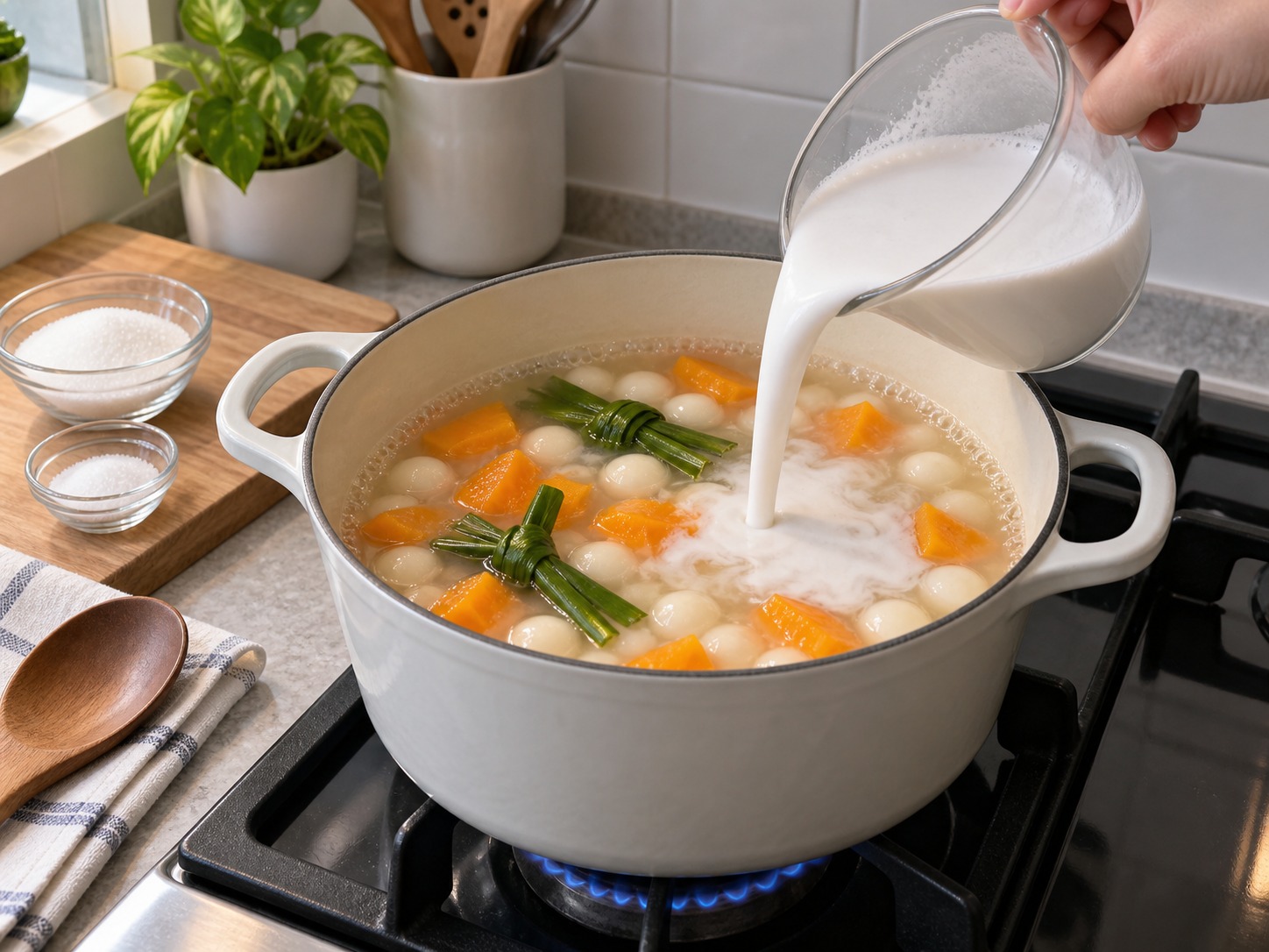 Filipino Ginataang Bilo-Bilo — Add coconut milk and seasoning