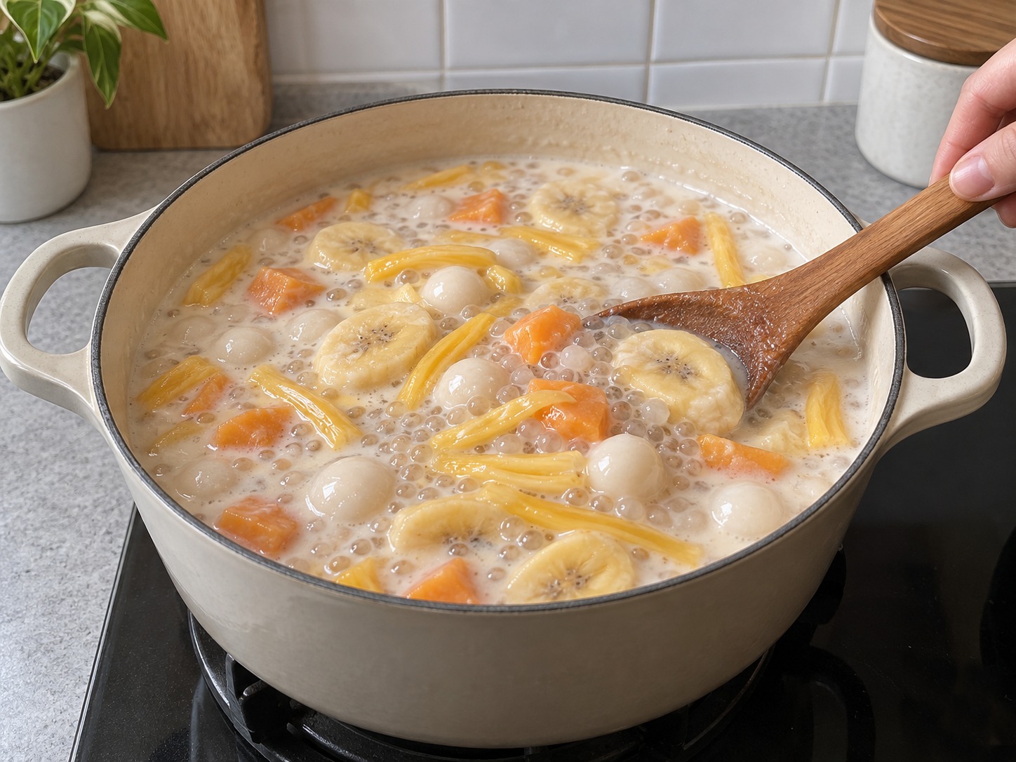 Filipino Ginataang Bilo-Bilo — Fold in the fruit and tapioca