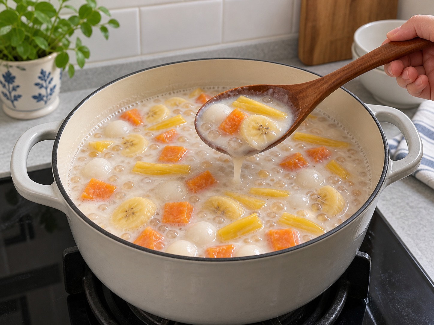 Filipino Ginataang Bilo-Bilo — Gently thicken the soup