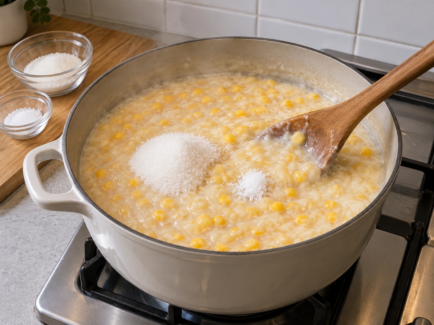 Filipino Ginataang Mais — Add sugar and salt