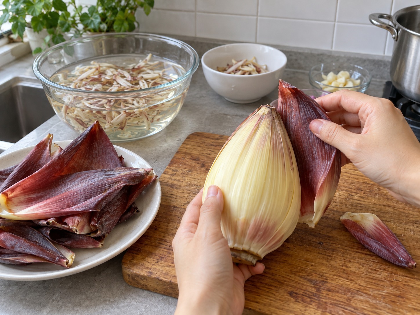 Filipino Ginataang Puso ng Saging — Alisin ang talulot