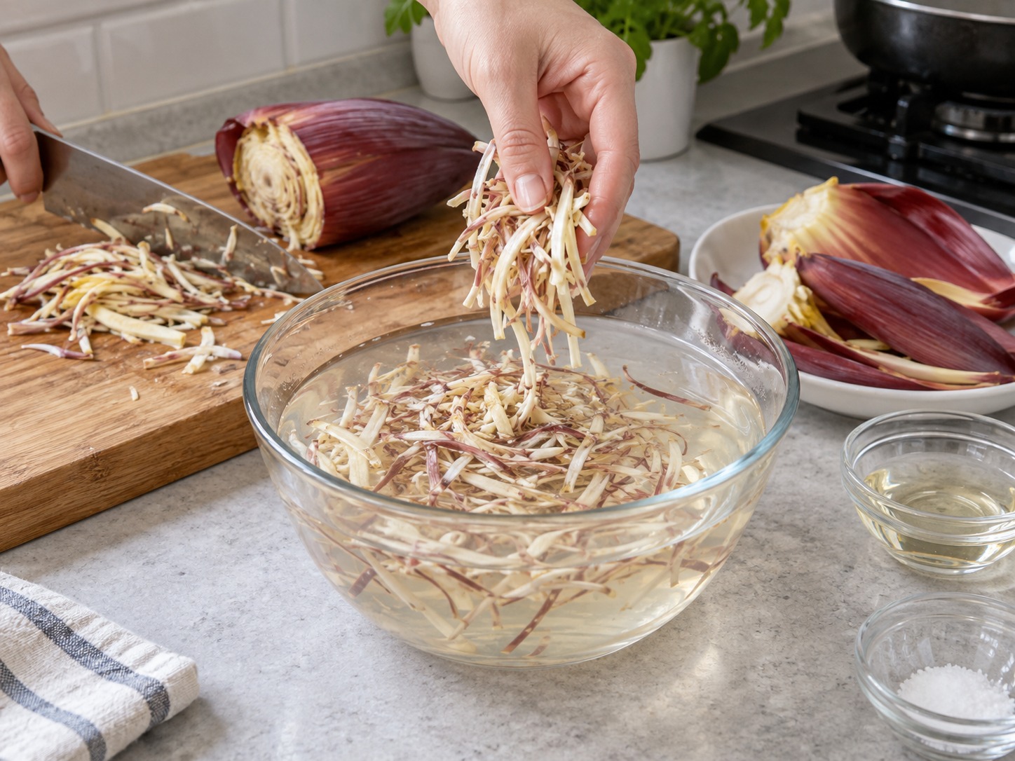 Filipino Ginataang Puso ng Saging — Hiwain at ibabad