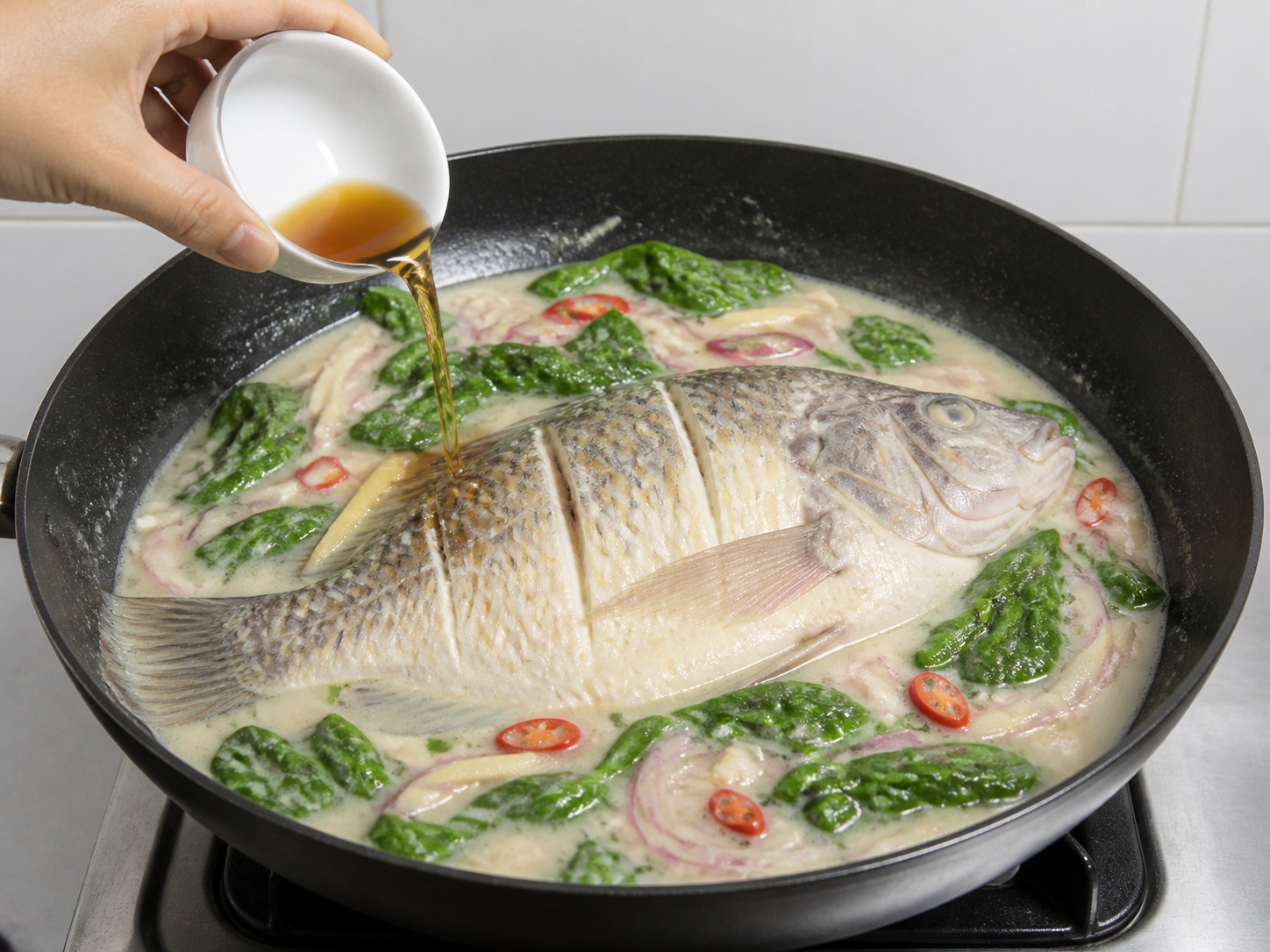 Tilapia Kuah Santan Filipina — Tambahkan bayam