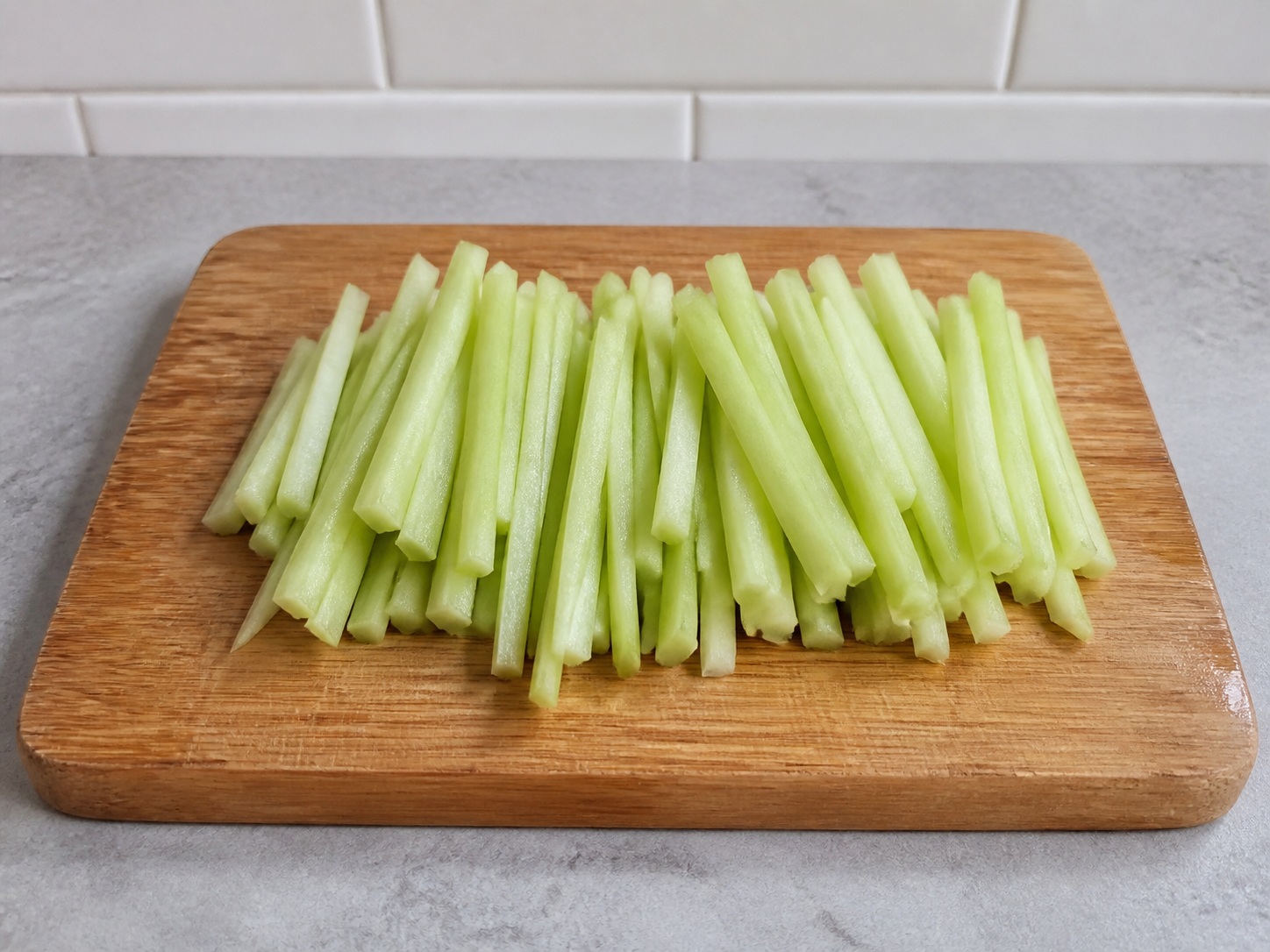 Filipino Sautéed Chayote with Shrimp — Cut chayote strips
