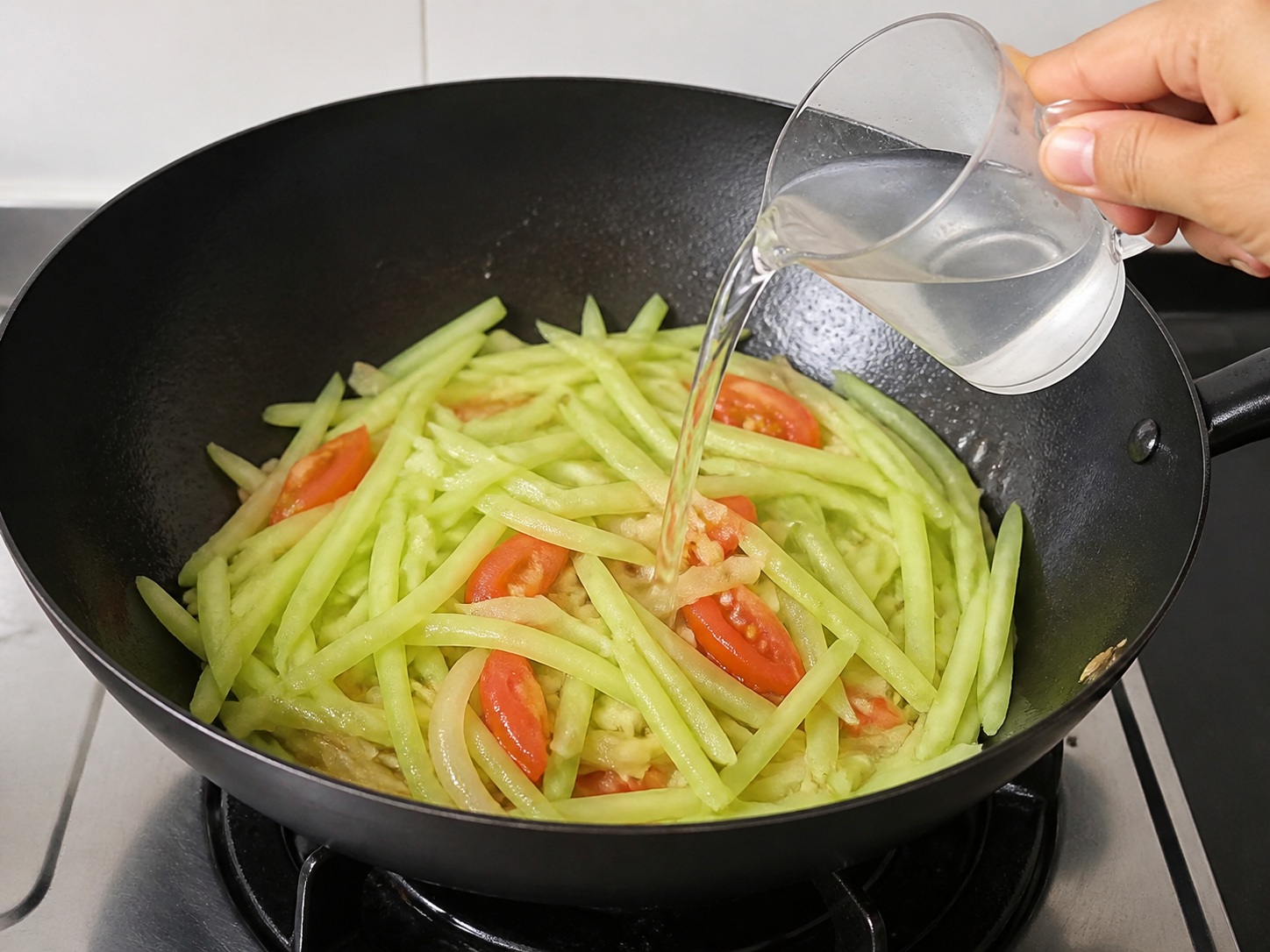 Filipino Sautéed Chayote with Shrimp — Add chayote and water