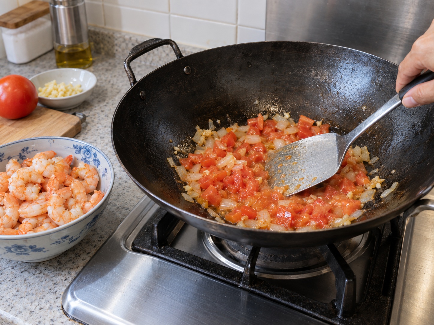 Tumis Opo Udang Filipina — Masak tomat menjadi saus