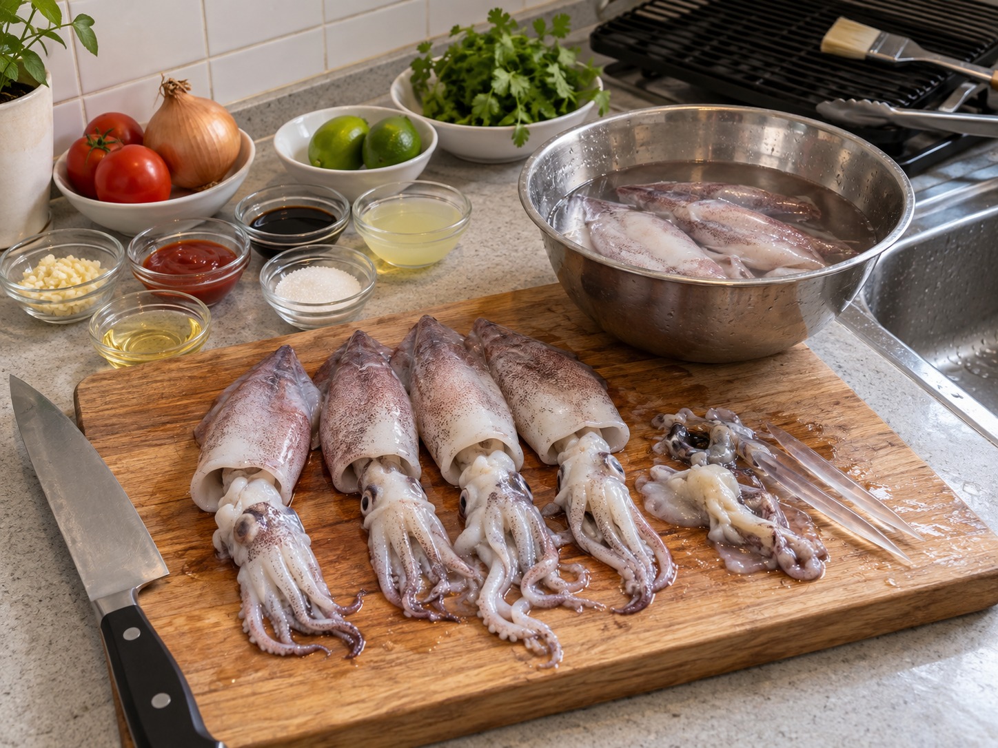 Filipino Grilled Squid — Gumamit ng apat na katamtamang pusit na mga 200 g bawat isa; alisin ang laman-loob at malinaw na quill at hugasan