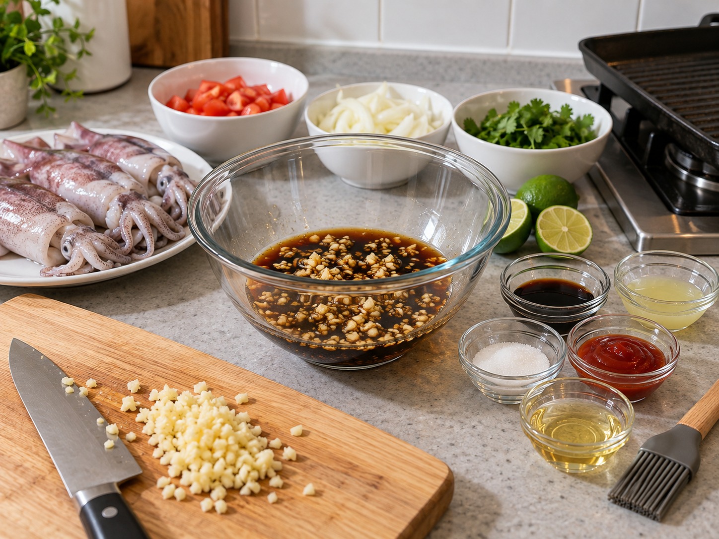Filipino Grilled Squid — Tadtarin ang bawang at ihalo sa light soy sauce at katas ng dayap
