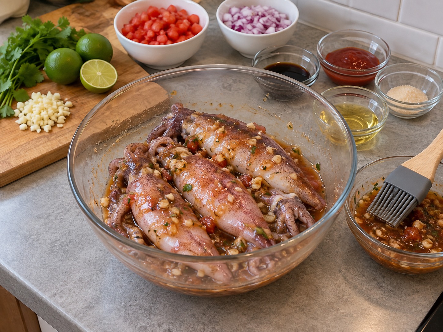 Filipino Grilled Squid — Ipahid ang kalahati ng marinade sa loob at labas ng pusit