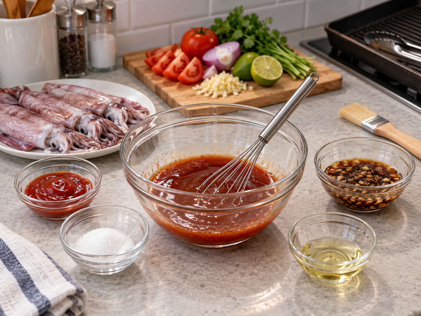 Filipino Grilled Squid — Paghaluin ang ketchup, asukal, mantika, at natirang marinade bilang pangpahid