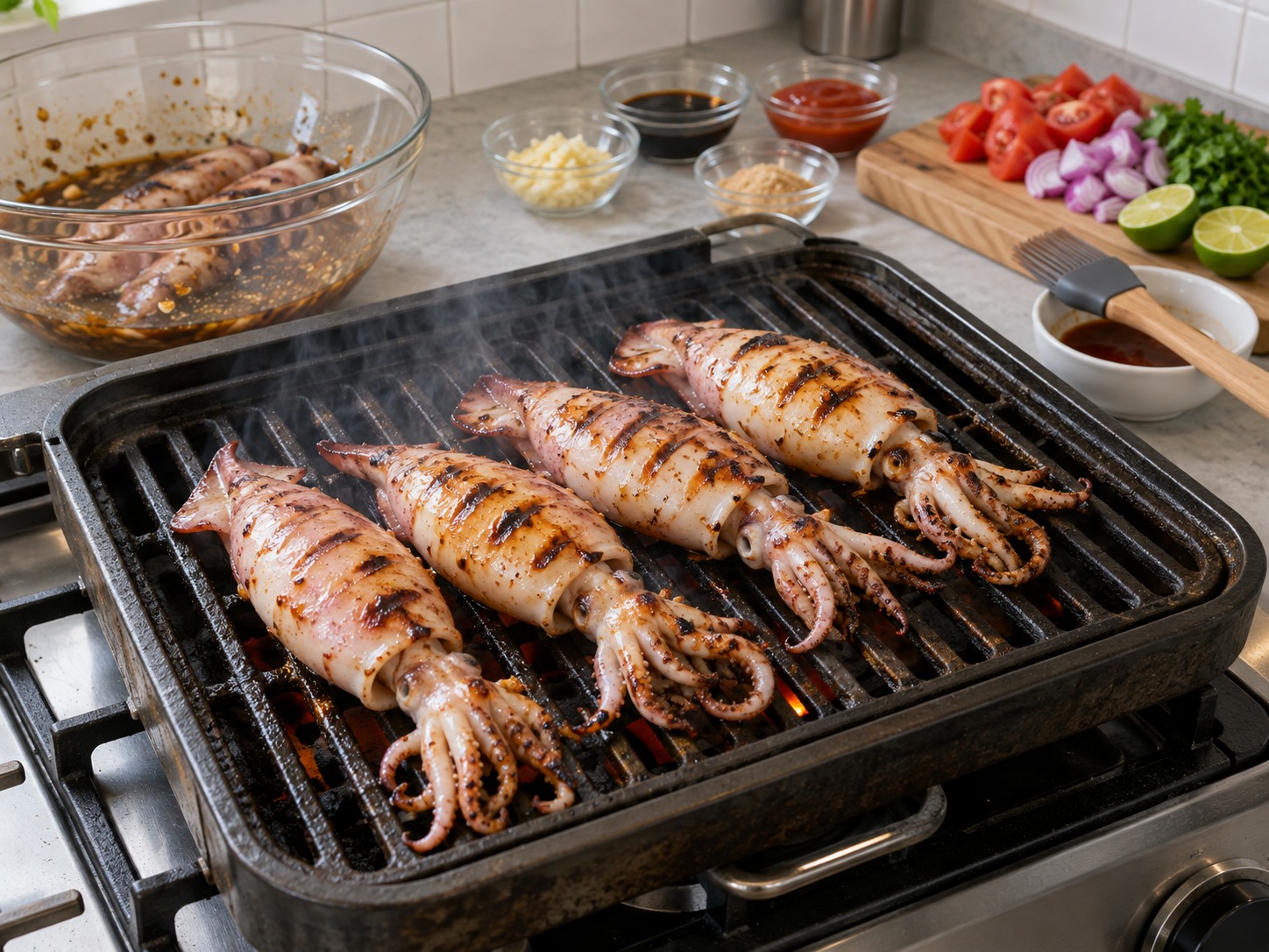 Filipino Grilled Squid — Ihawin sa katamtamang mataas nang tatlo hanggang apat na minuto bawat panig ayon sa kapal ng pusit