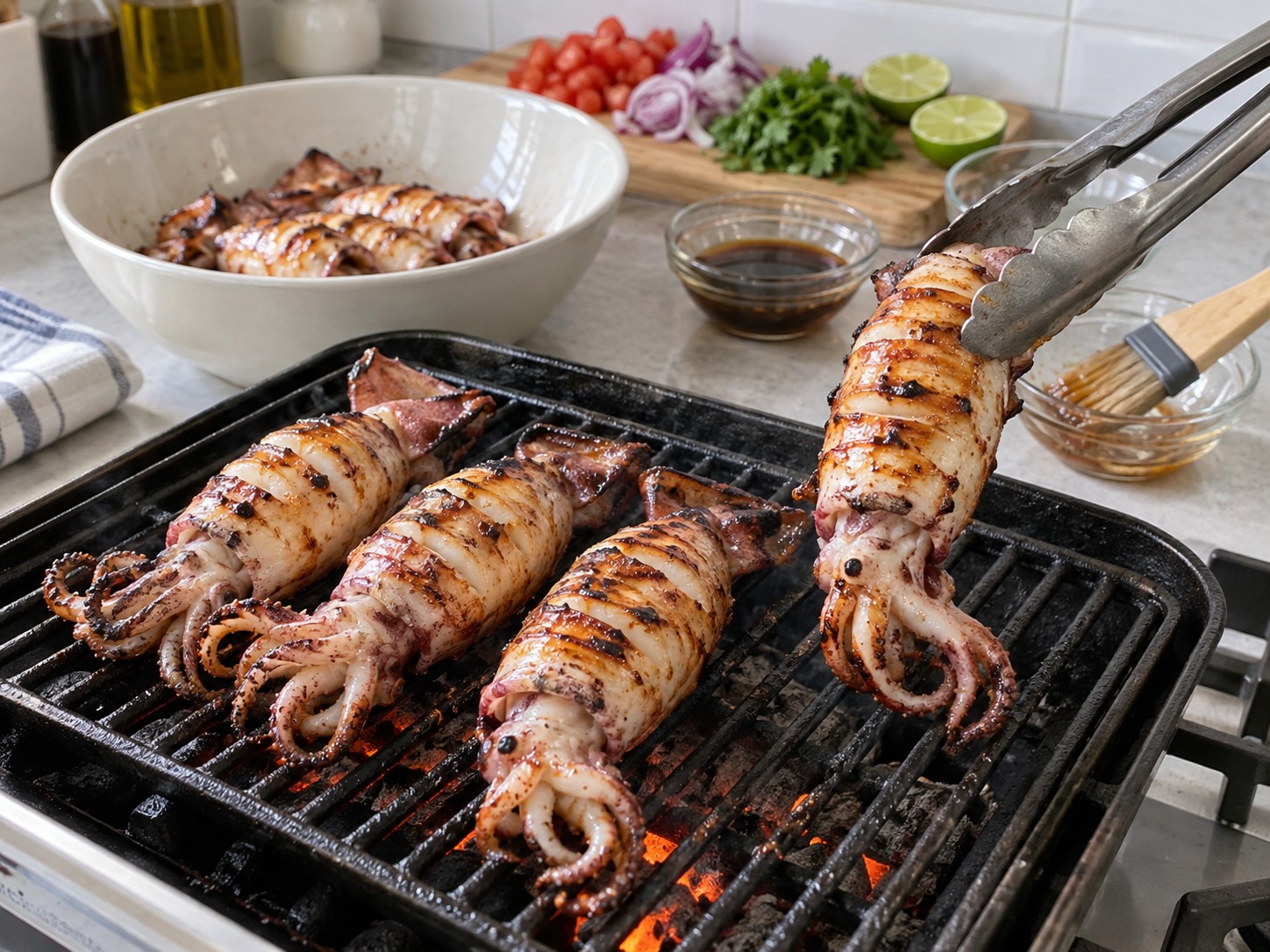 Filipino Grilled Squid — Alisin kapag maputi na ang buong laman, umabot sa 63°C ang pinakamakapal na bahagi, at kumulot ang galamay