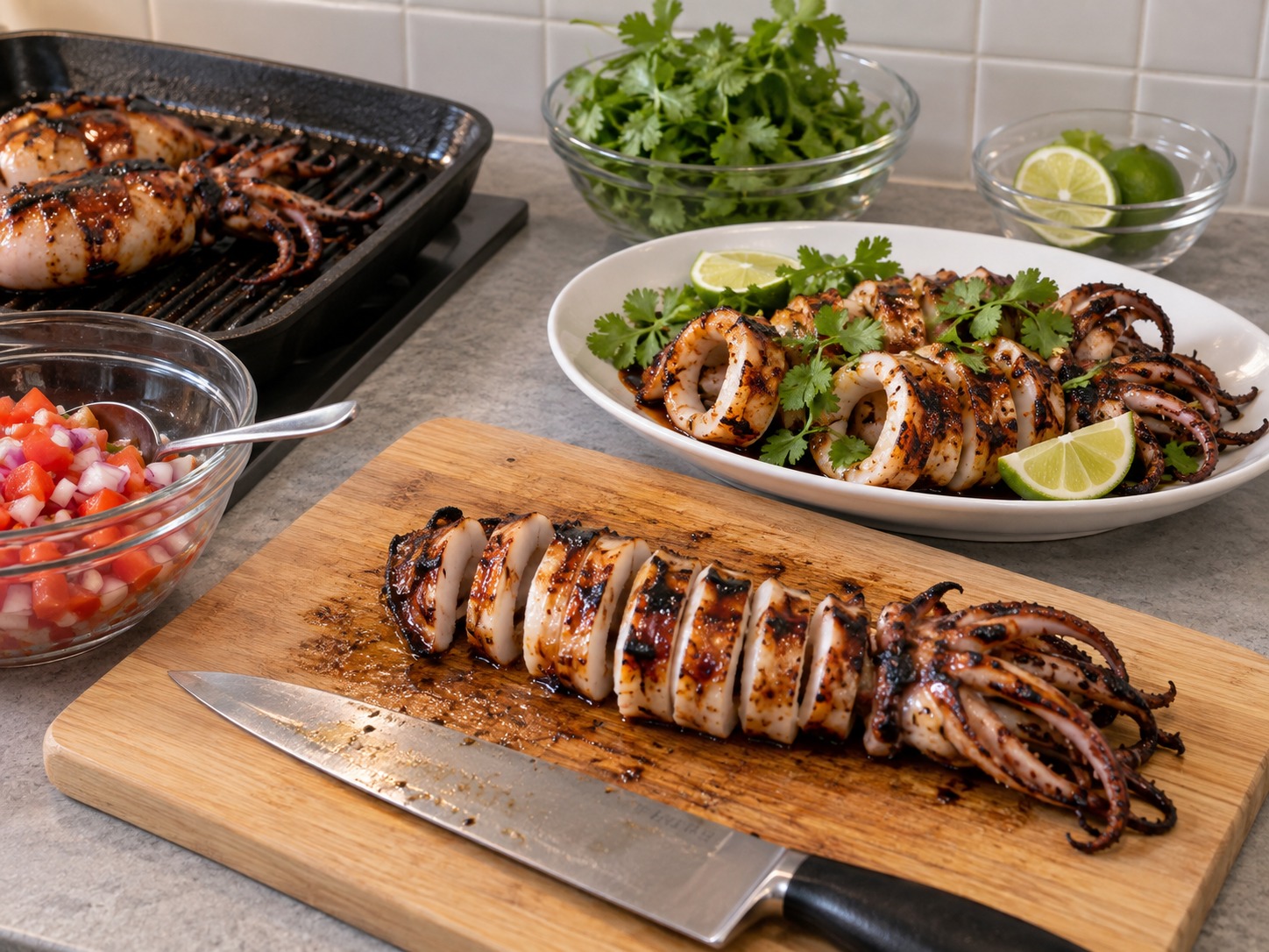 Filipino Grilled Squid — Hiwain na pabilog at ihain kasama ng cilantro at dayap