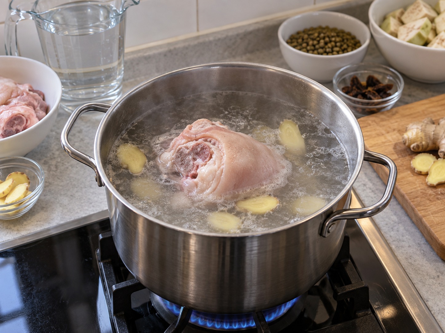 菲律賓木豆豬肉菠蘿蜜湯 — 淨鍋放豬腳、薑和二點五公升水煮滾